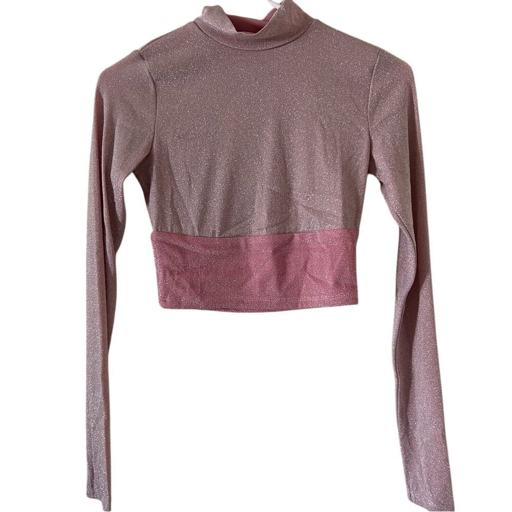 ⭐ Naked Wardrobe Mock Neck Sparkly Pink Long Sleeve Cropped Fitted Top Shirt S